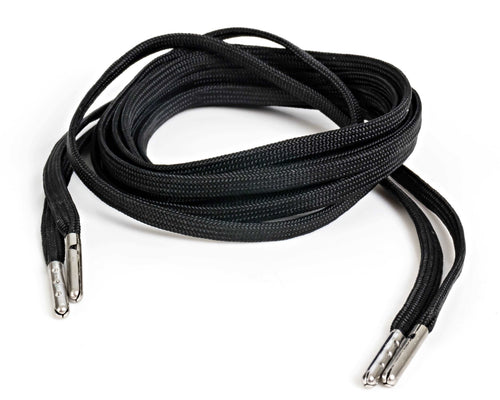 Black flat nylon shoelaces, 3/16 inch wide, made in USA. Mildew-resistant, 32-strand, for shoes and boots