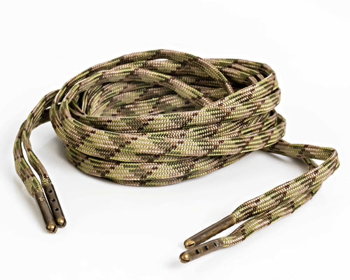 Camo flat nylon shoelaces, 3/16 inch wide, made in USA. Mildew-resistant, 32-strand, for shoes and boots