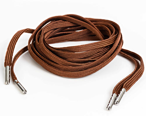 Chocolate flat nylon shoelaces, 3/16 inch wide, made in USA. Mildew-resistant, 32-strand, for shoes and boots