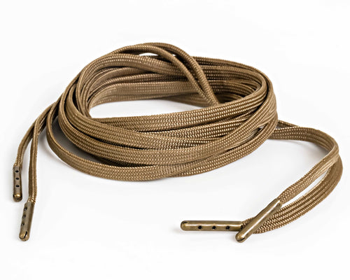 Coyote Brown flat nylon shoelaces, 3/16 inch wide, made in USA. Mildew-resistant, 32-strand, for shoes and boots