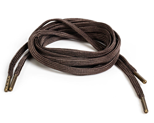 Dark Brown flat nylon shoelaces, 3/16 inch wide, made in USA. Mildew-resistant, 32-strand, for shoes and boots