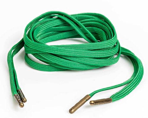 Kelly Green flat nylon shoelaces, 3/16 inch wide, made in USA. Mildew-resistant, 32-strand, for shoes and boots