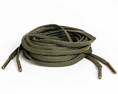 OD  Green flat nylon shoelaces, 3/16 inch wide, made in USA. Mildew-resistant, 32-strand, for shoes and boots