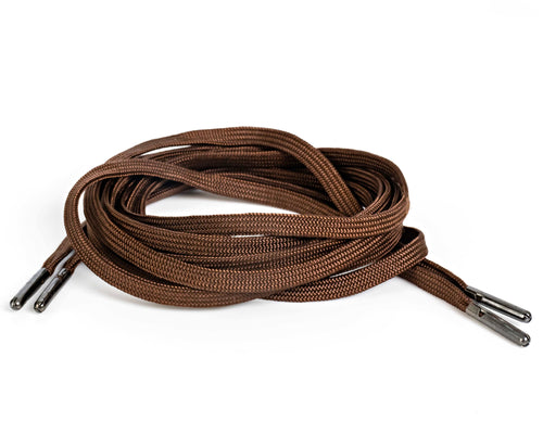 Walnut flat nylon shoelaces, 3/16 inch wide, made in USA. Mildew-resistant, 32-strand, for shoes and boots