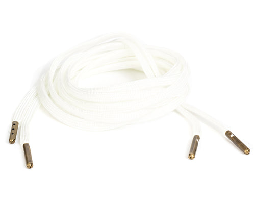 White flat nylon shoelaces, 3/16 inch wide, made in USA. Mildew-resistant, 32-strand, for shoes and boots