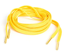 Yellow flat nylon shoelaces, 3/16 inch wide, made in USA. Mildew-resistant, 32-strand, for shoes and boots